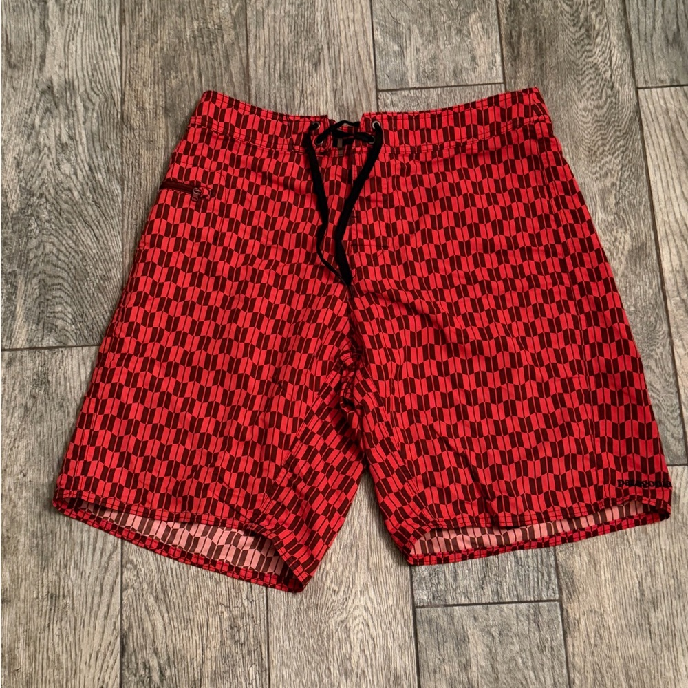 Patagonia Red and Black Geometric Swim Trunks